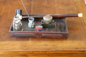 The common man's opium tray. The end of the opium culture industry means this type of tray is what one might expect of a well-equipped modern opium user